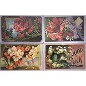 Lot Of Four Vintage Antique Embossed Postcards Flowers Good Luck